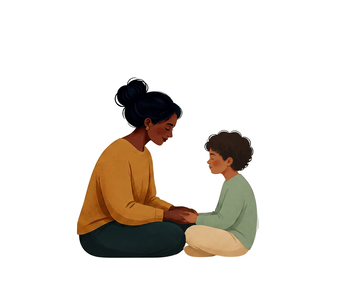 A working parent sitting with their child